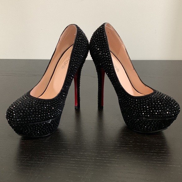 Black suede/rhinestone platform, stilettos - Picture 7 of 13